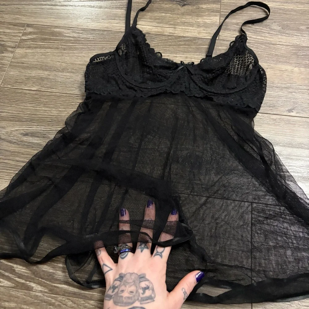 90s/Y2K Vintage Sheer Lace Cups Babydoll Cami Mini Slip (Black) Size S/M